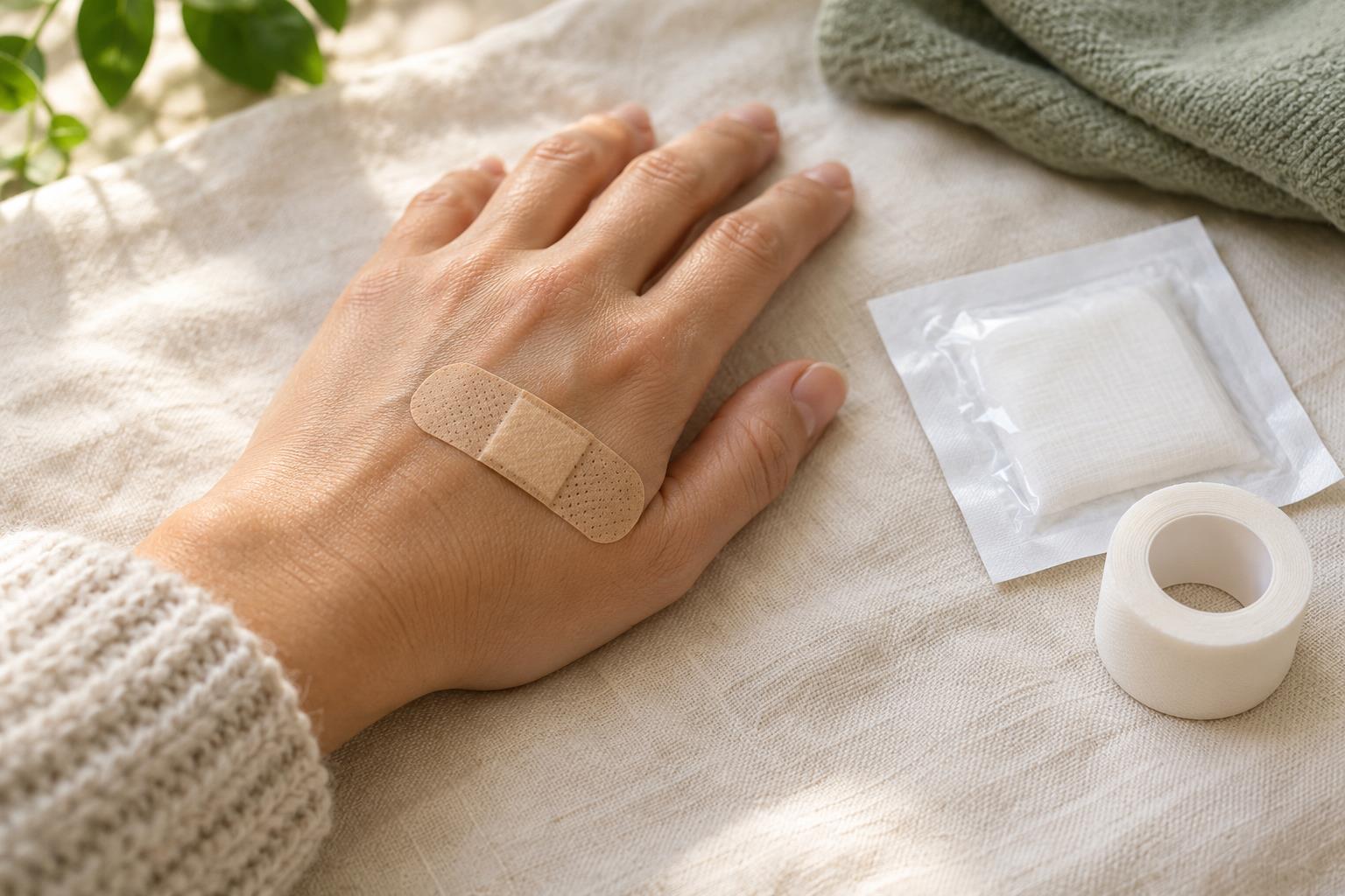 A small adhesive dressing on the back of a hand