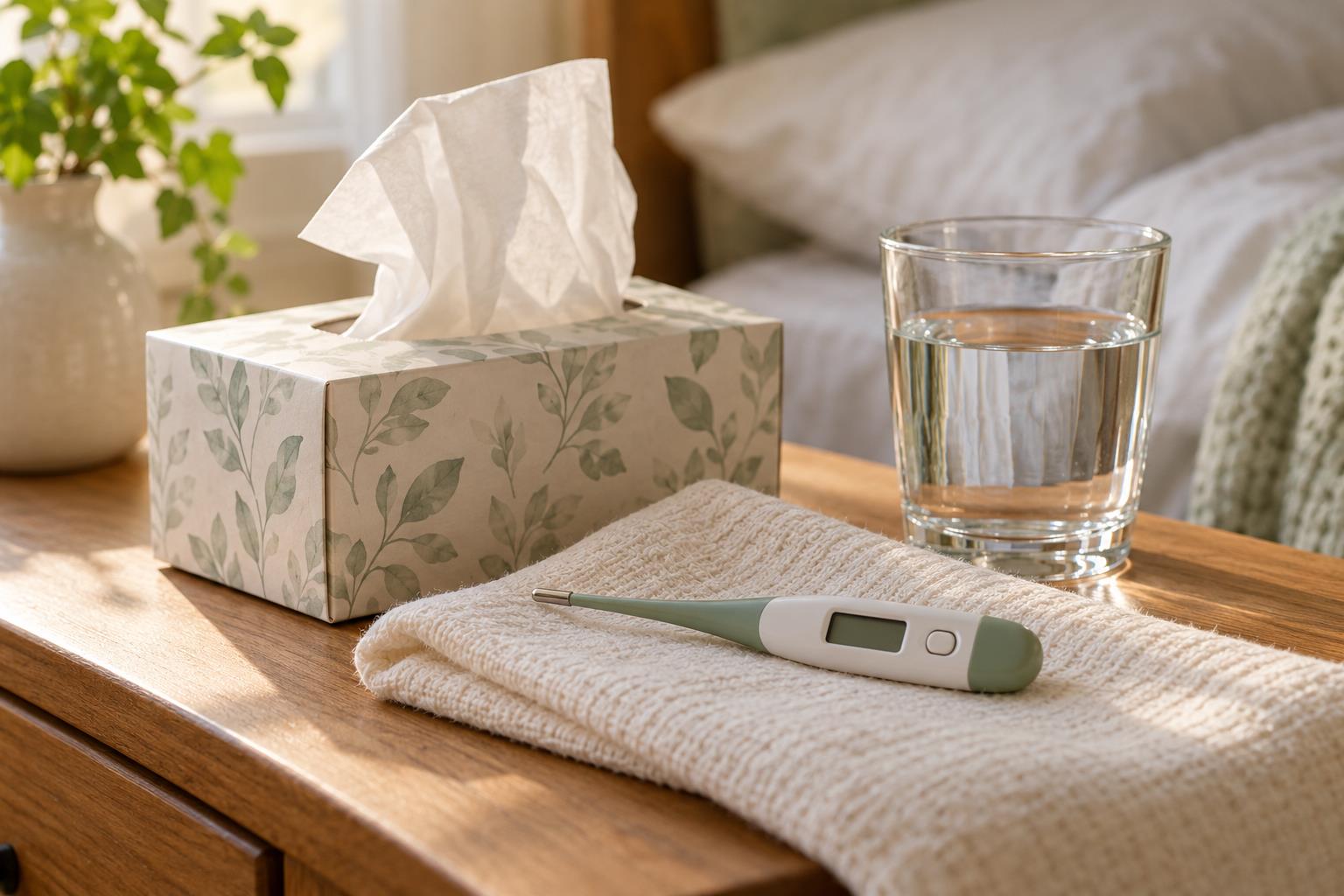 A digital thermometer, tissues, and drinking water for a cold-care note