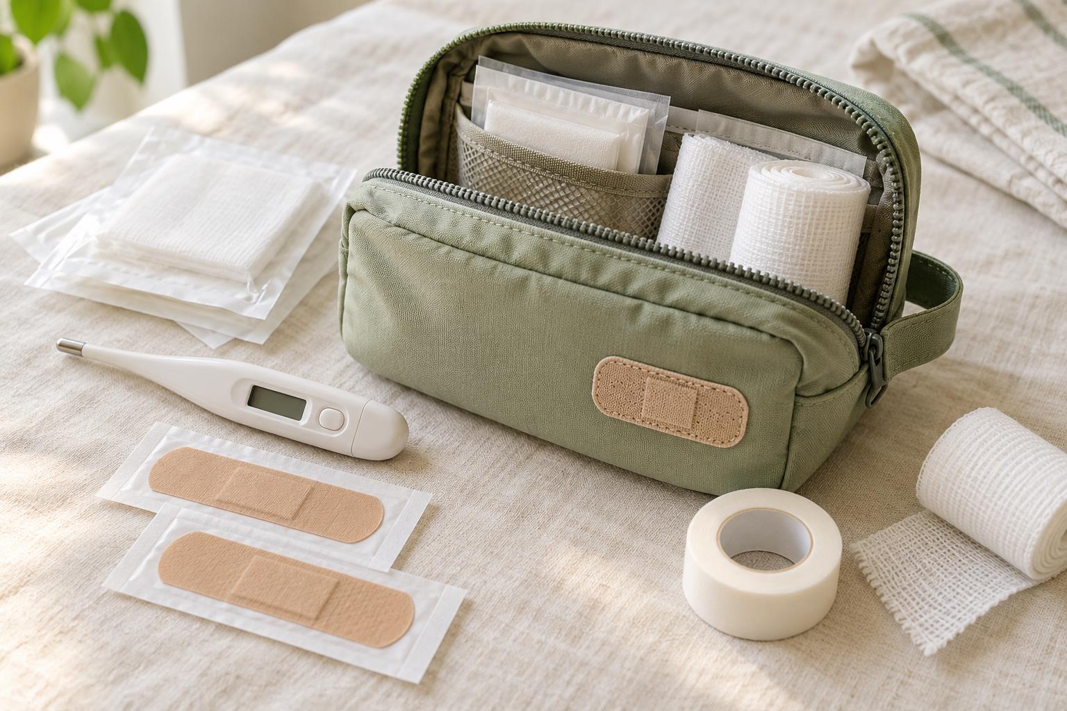 A home first-aid pouch, thermometer, sealed gauze, and adhesive bandages