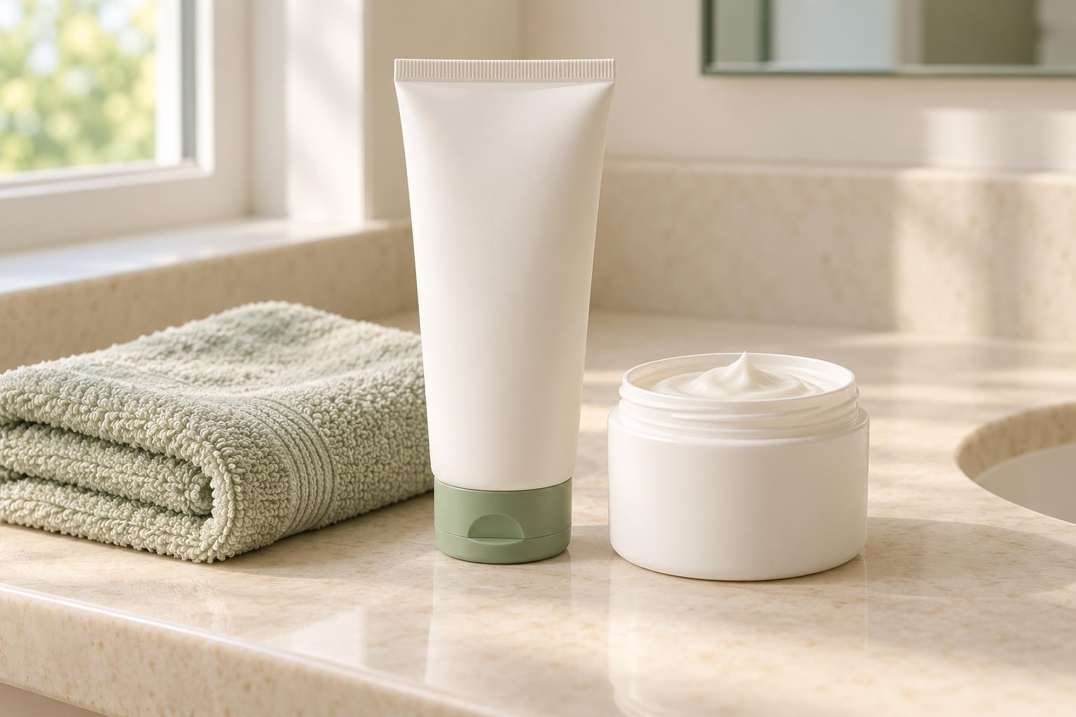 Plain moisturizer and a clean cotton washcloth for a dry-skin care note